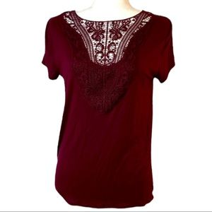 NoBo Lace Front Open Back Tee Maroon Size Medium